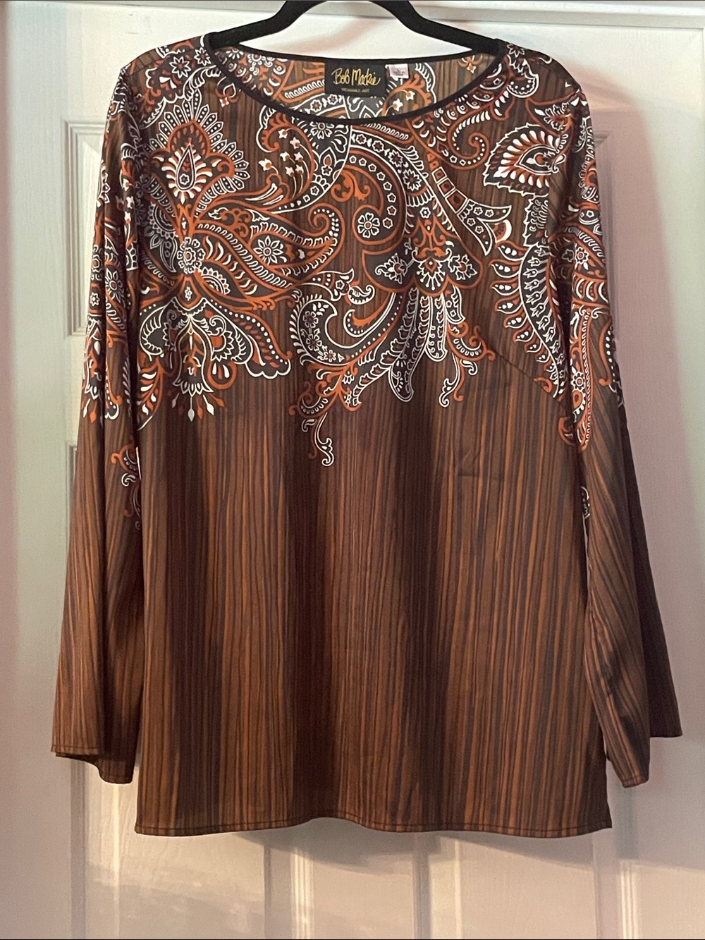 Bob Mackie Brown Long-Sleeve Paisley Print Top with Orange & White Accents